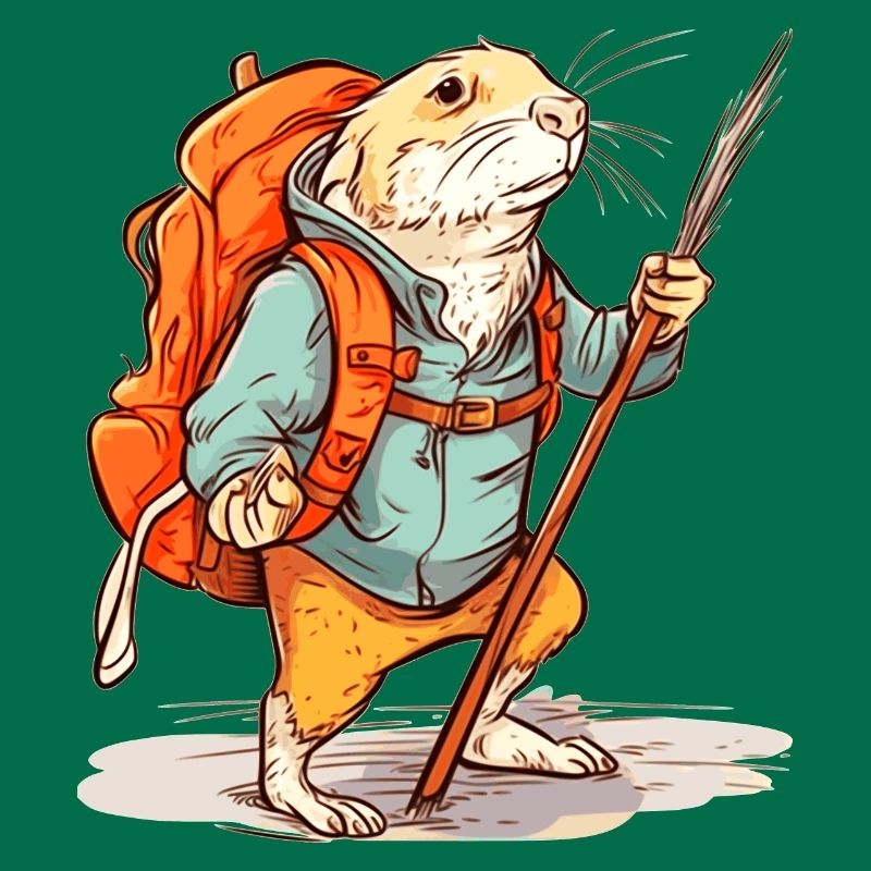 Mole rat as a hiker with stick and backpack