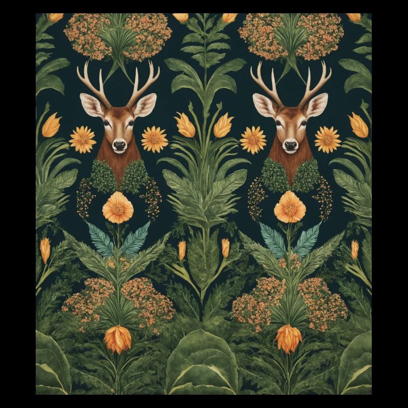 Symmetrical pattern with deer and flowers