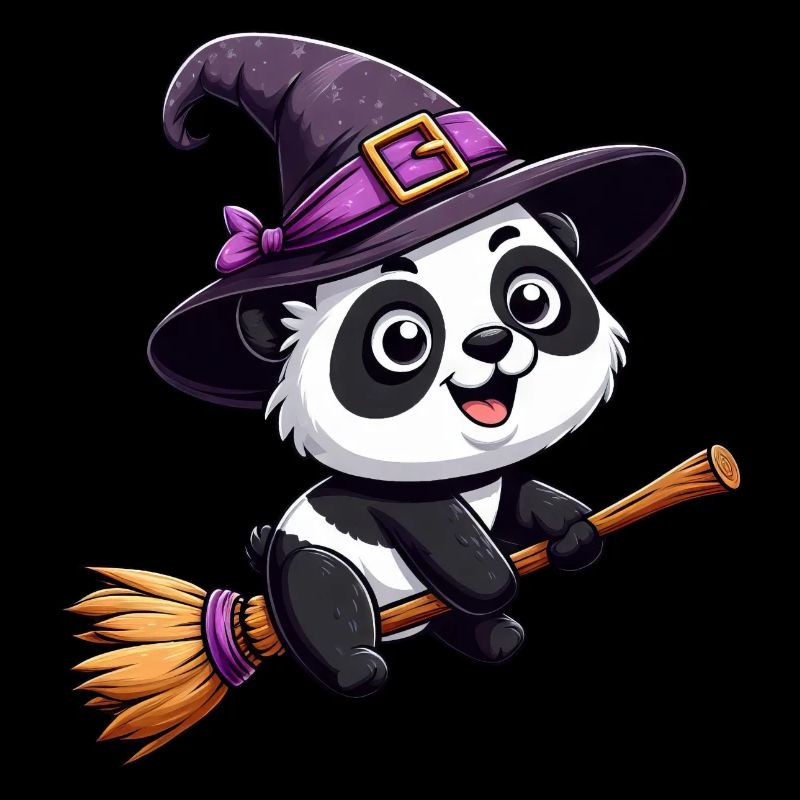 Halloween Panda Witch with Witch's Broom Comic Cute