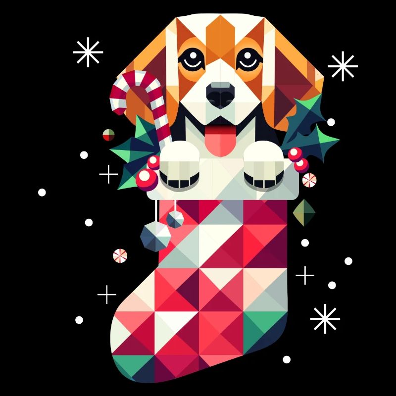 Beagle in a colorful Christmas stocking