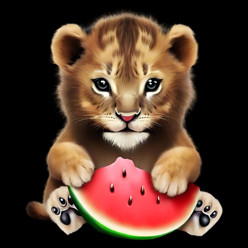 Un bébé lion mange de la pastèque