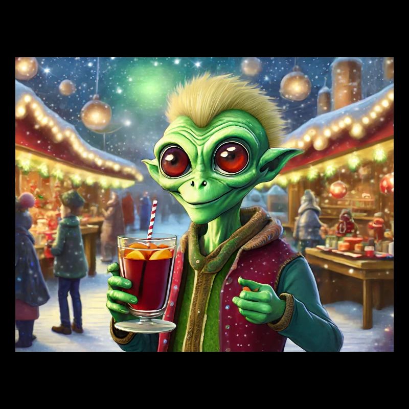 alien is drinking mulled wine at the Christmas
