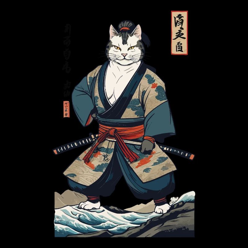 Chat Samouraï Vintage Ukiyo-E Japonais