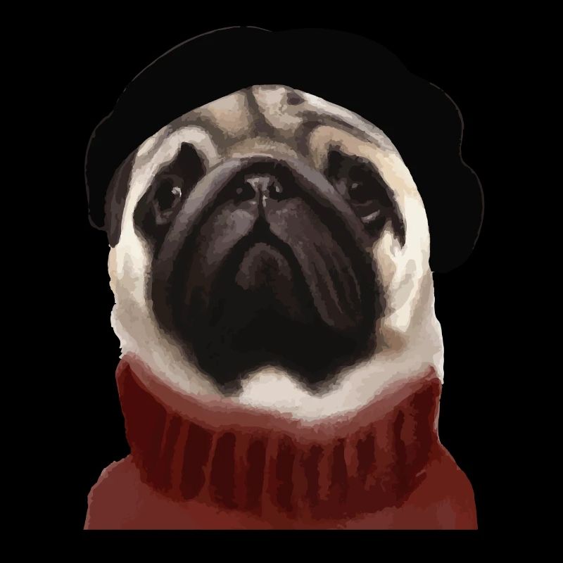 Chien carlin avec casquette et pull