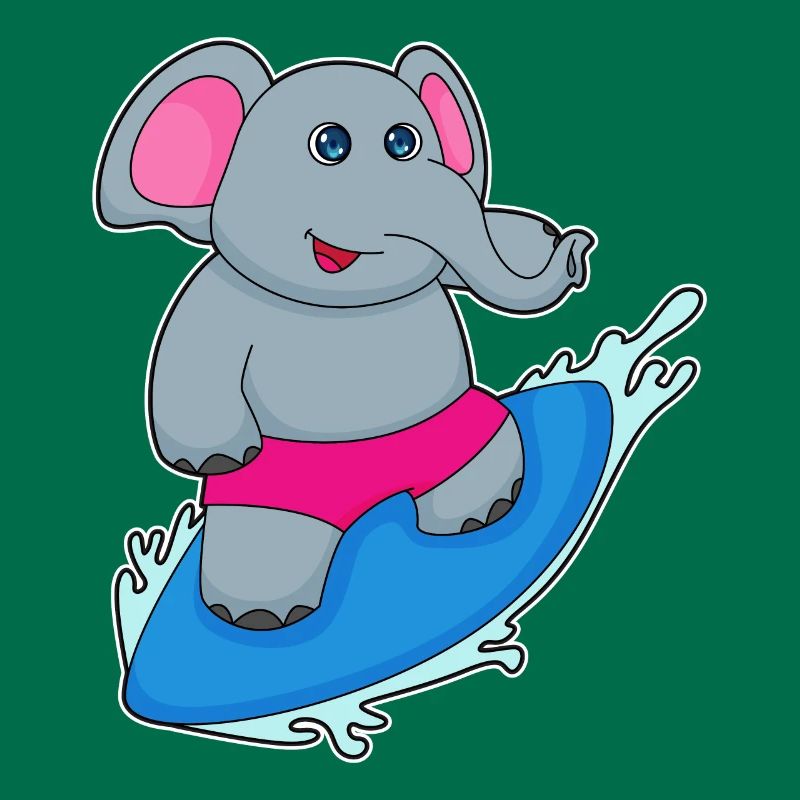 Éléphant comme surfeur avec planche de surf