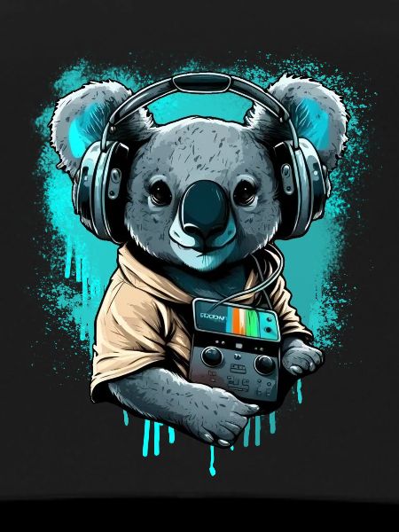 koala avec écouteurs et Walkman
