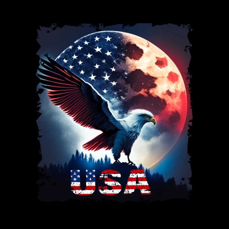 America eagle under Moon with American Flag
