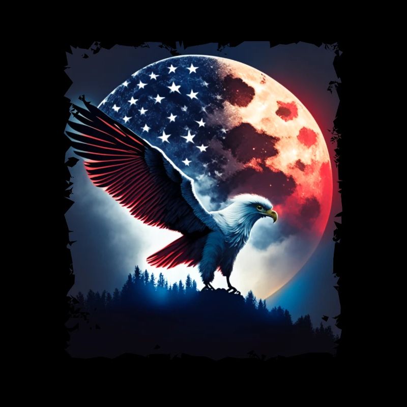 America eagle under Moon with American Flag