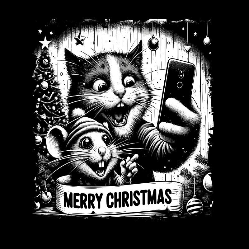 Cat & Mouse Selfie Merry Christmas Funny
