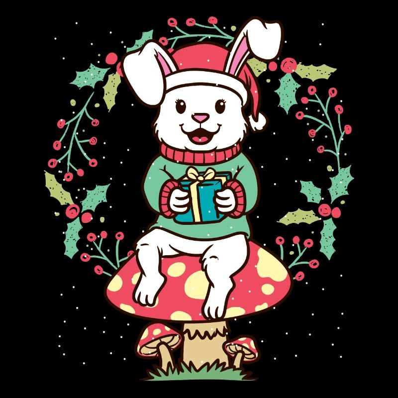 Rabbit on mushroom with santa claus hat