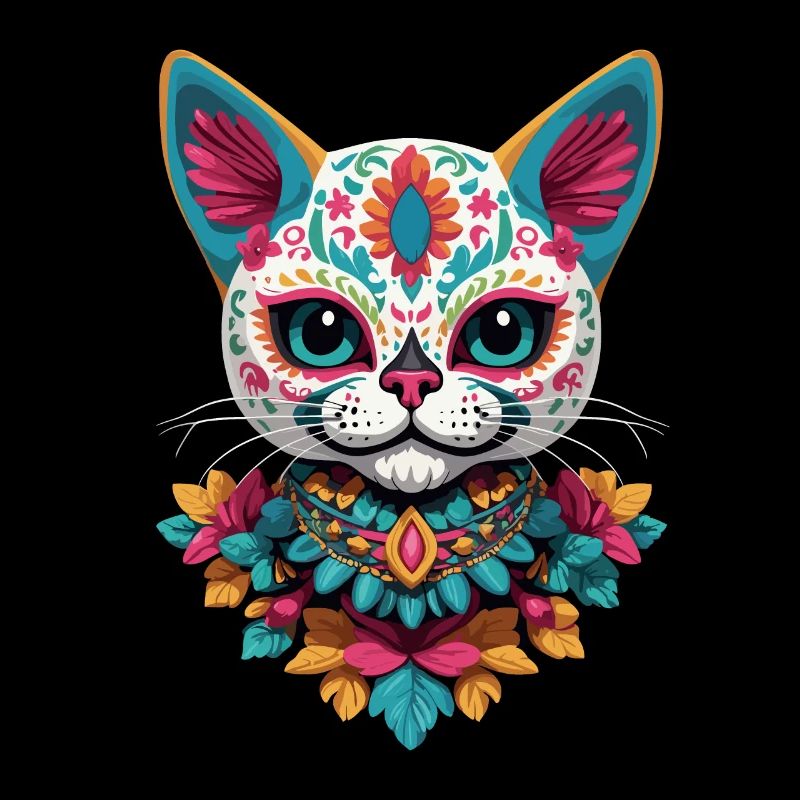 Cat Iconic Sugar Skull Mexican Festivals