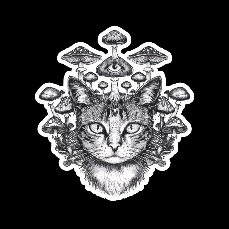 Surreal cat with third eye and mushrooms on its head