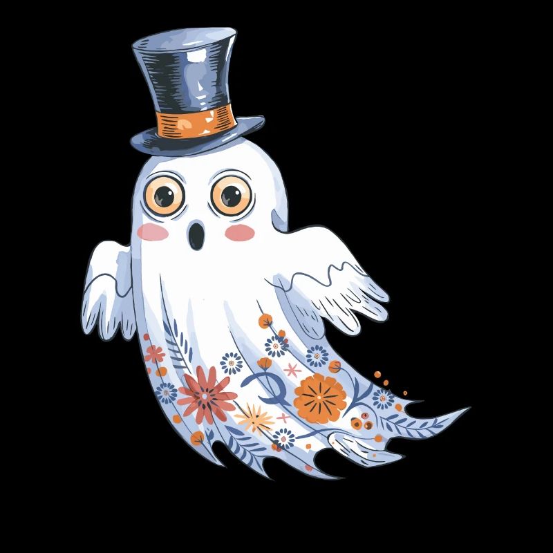 Halloween Ghost With Top Hat And Floral Pattern