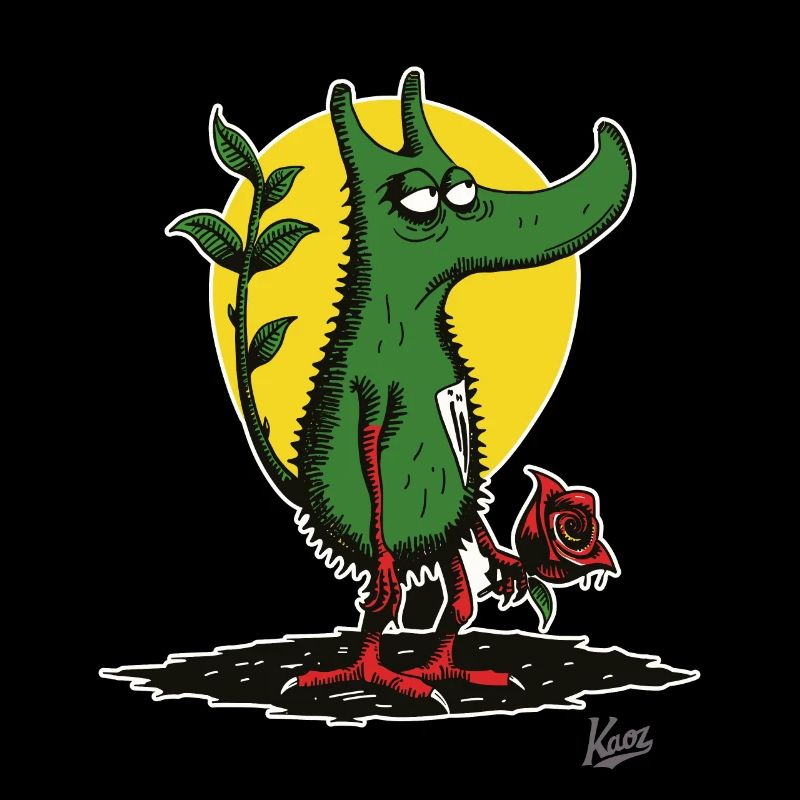 Monstre de nain de jardin laid avec une rose