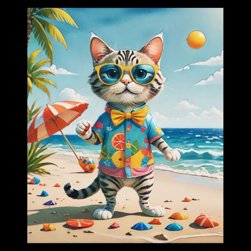 Beach Fun Cat Illustration Beachside Fun Cat