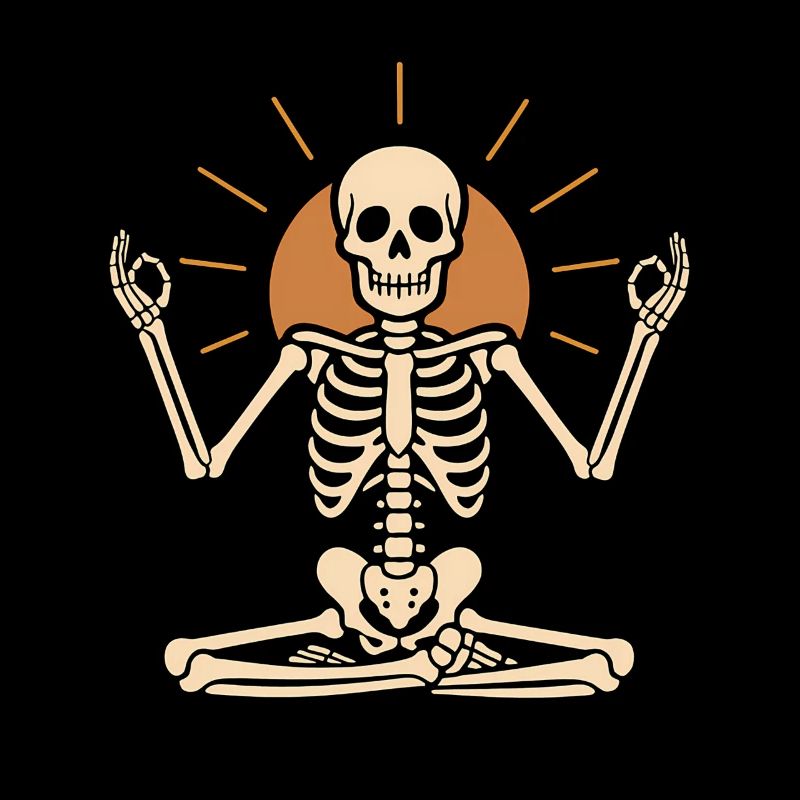 Meditating skeleton with sun circle