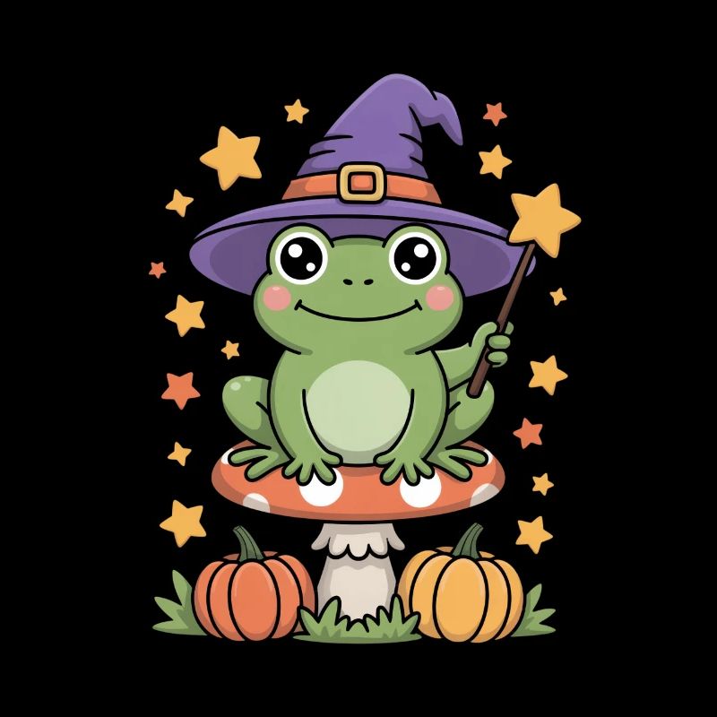 Witch frog on toadstool with pumpkins