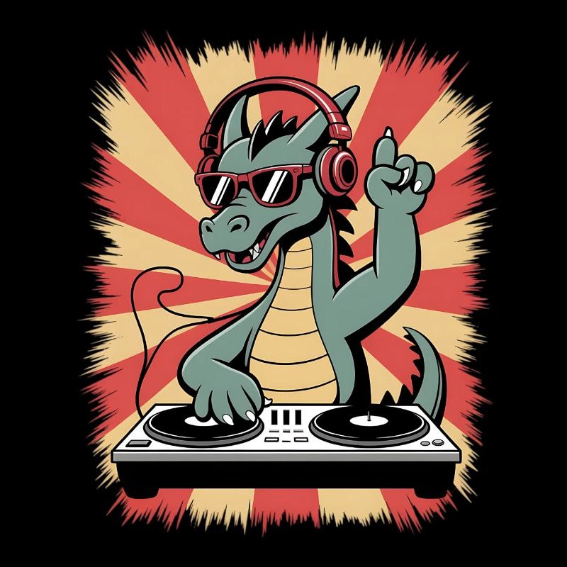 Drachen-DJ mit Kopfhörer-Beat