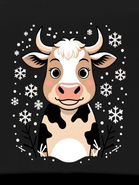 Winter cow with snowflakes