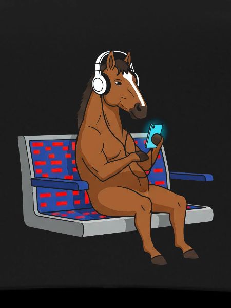 Pony mit Kopfhörern am Smartphone