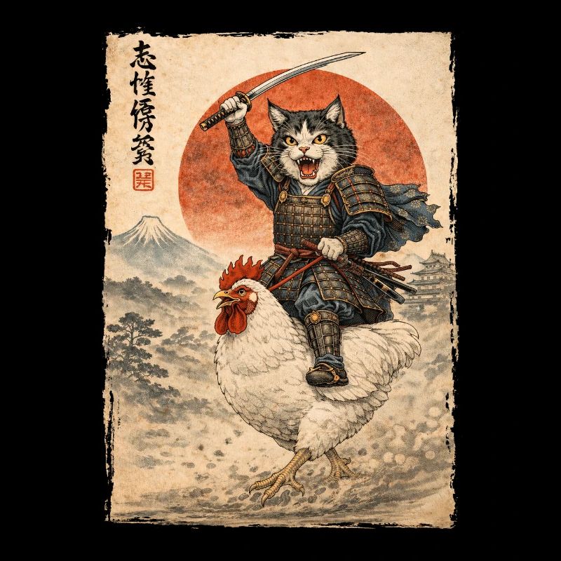 Samurai Cat Riding Chicken Japanese Ukiyoe
