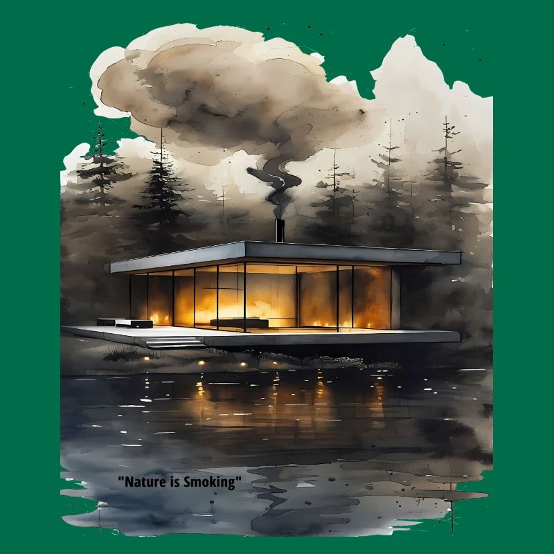 Cabane moderne éclairée par le feu sur le lac