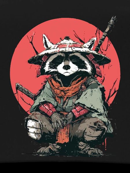Raccoon Samurai in Red Moon