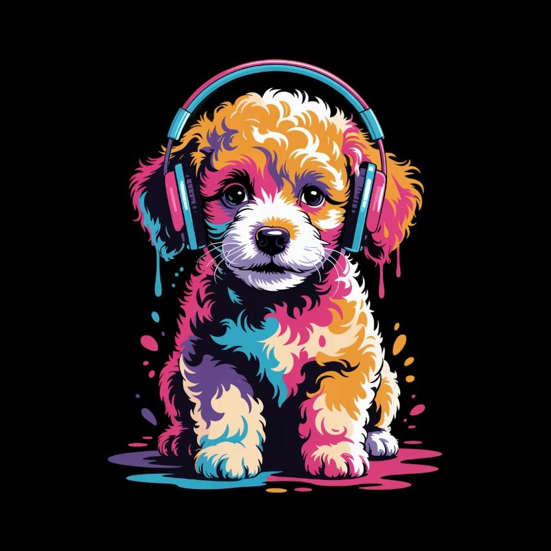 Maltipoo Welpe mit Kopfhörern