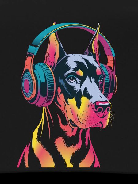 Dobermann mit Kopfhörern