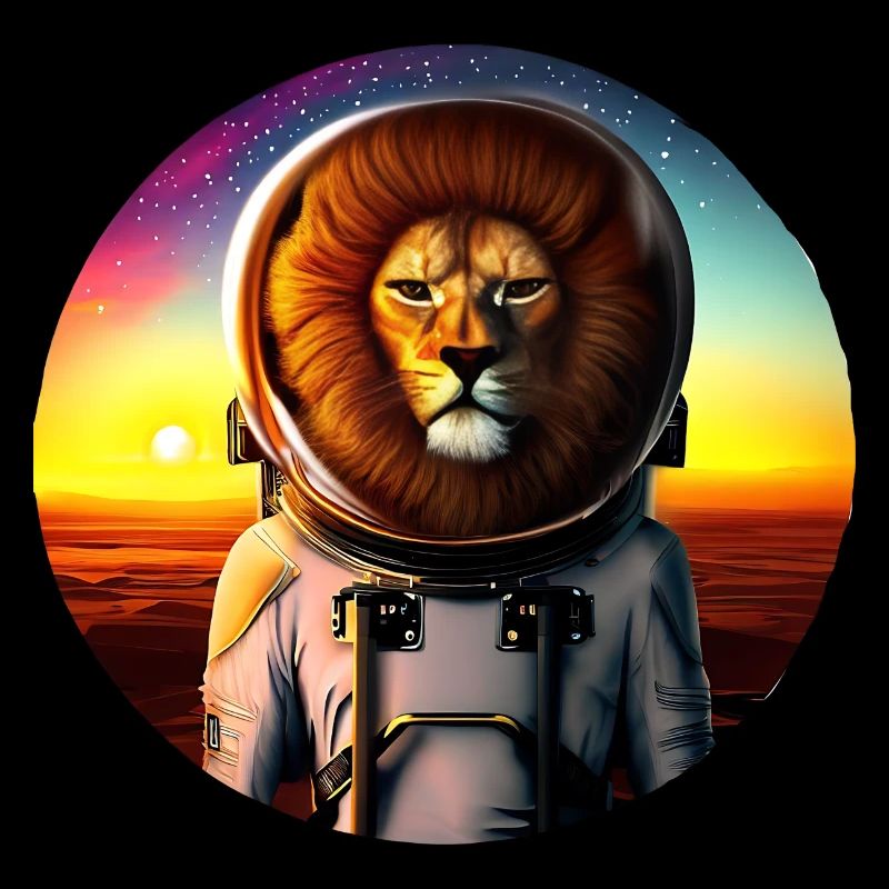 Lion astronaute au coucher du soleil