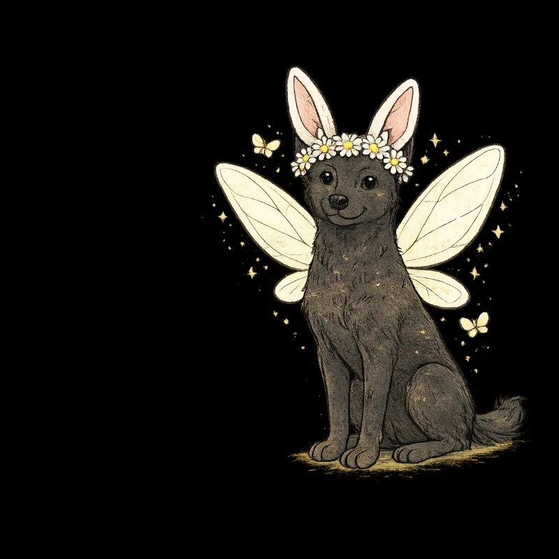 Chien Fée aux Ailes Nuageuses avec couronne de fleurs Aleu Kelpie