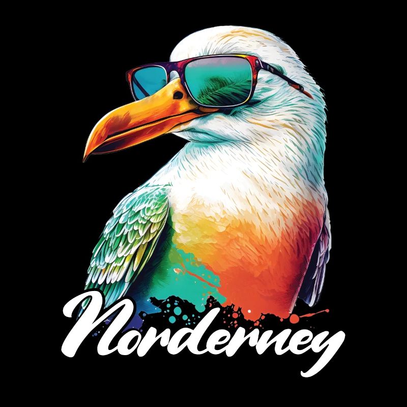 Norderney Urlaub coole bunte Möwe mit Sonnenbrille