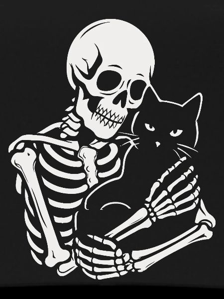 Skeleton stroking black cat