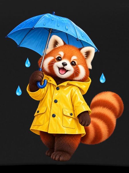 Regenmantel-Rotpanda mit Regenschirm