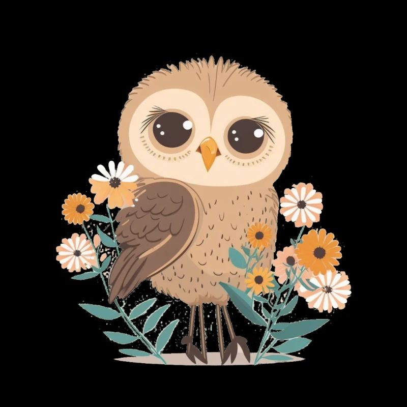Hibou mignon dans la forêt de fleurs 2