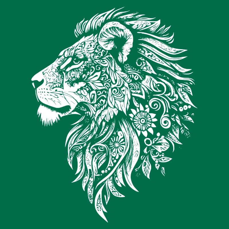 Powerful lion's head with floral dynamics