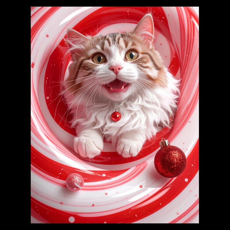 Chat de Noël dans un tourbillon de menthe poivrée rouge