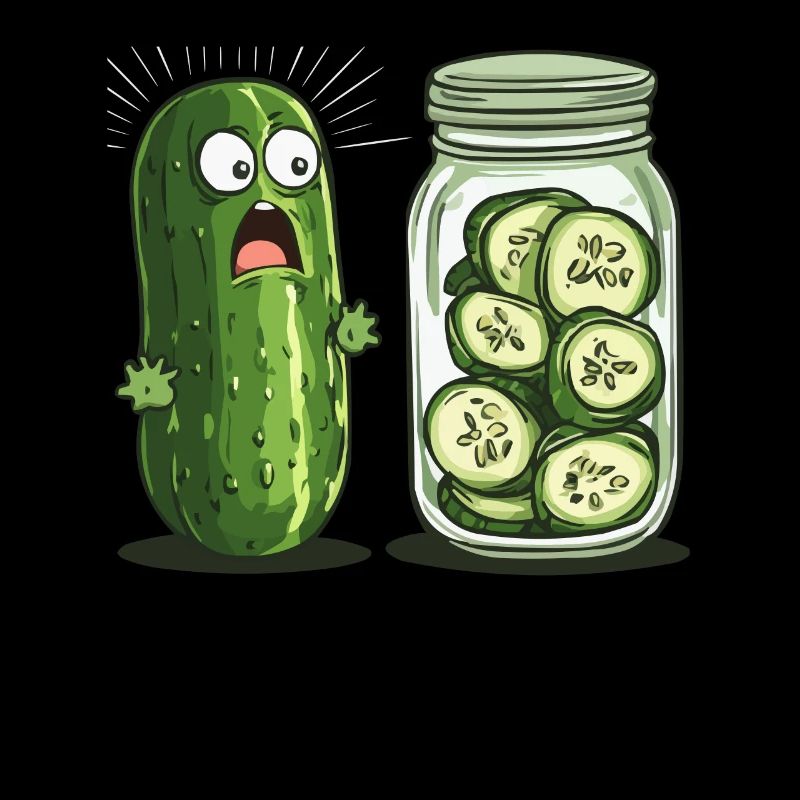 Surprised cucumber looking at cucumber jar humor