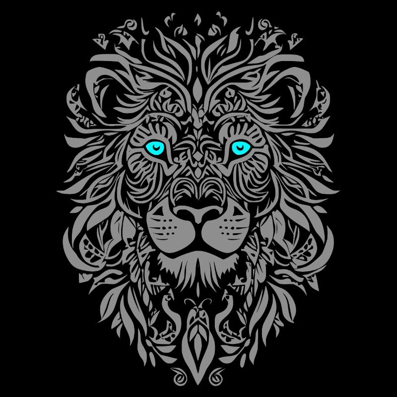 Silver lion with blue eyes and leaf pattern