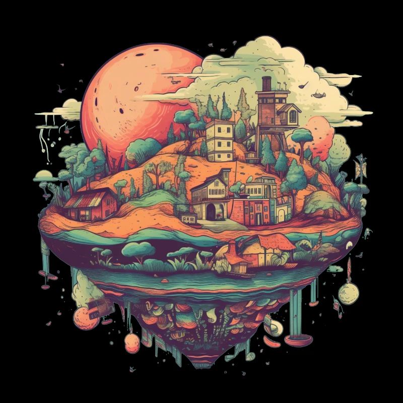 Surrealistisches fliegendes Dorf in bunt