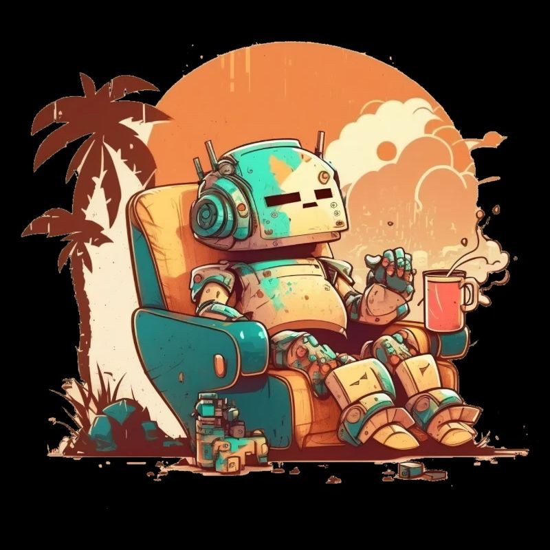 A resting old robot on an orange background.