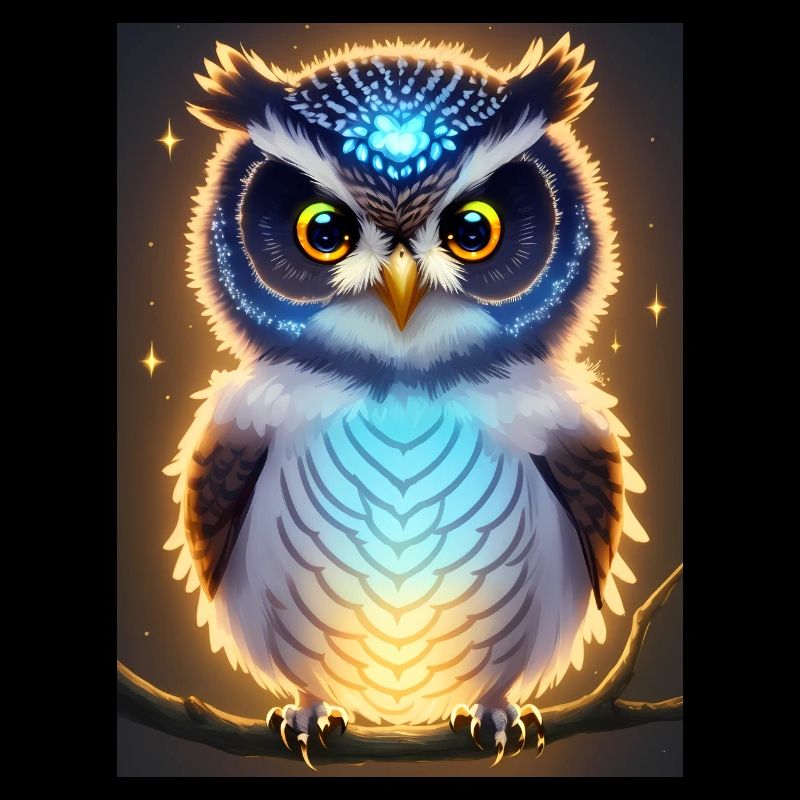 Süße Eule mit leichtender neon Aura & großen Augen