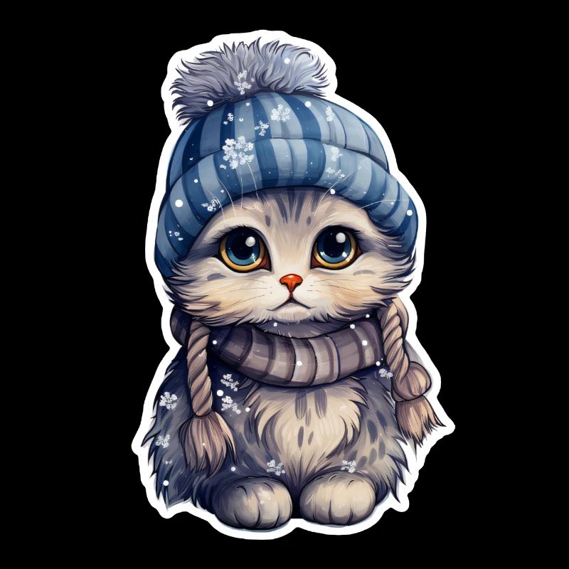 Chat dans la neige avec chapeau et écharpe