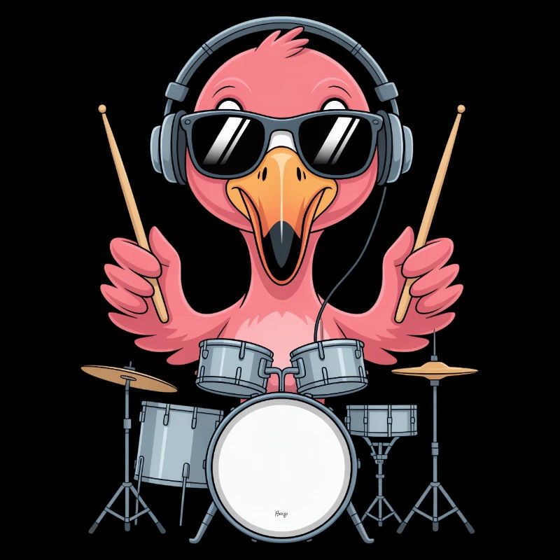 Flamingo Drummer With Headphones