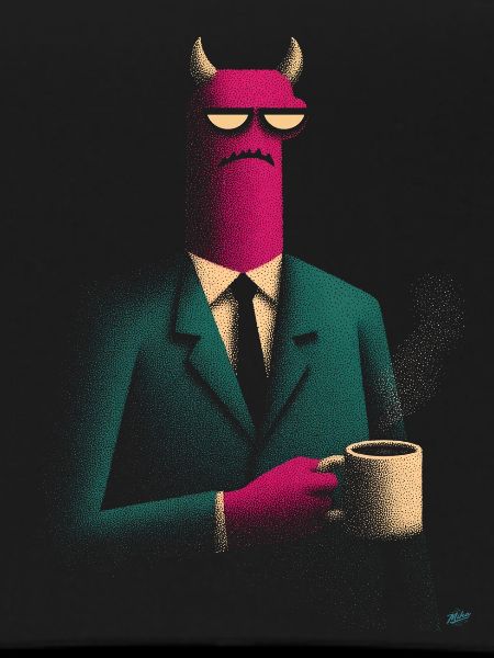 Demon in suit with coffee