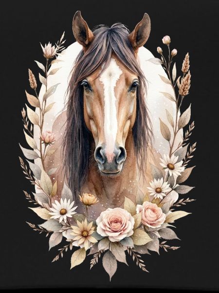 Brown horse with roses