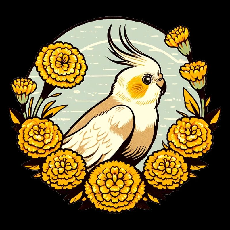 Calopsitte Vintage avec des fleurs de souci