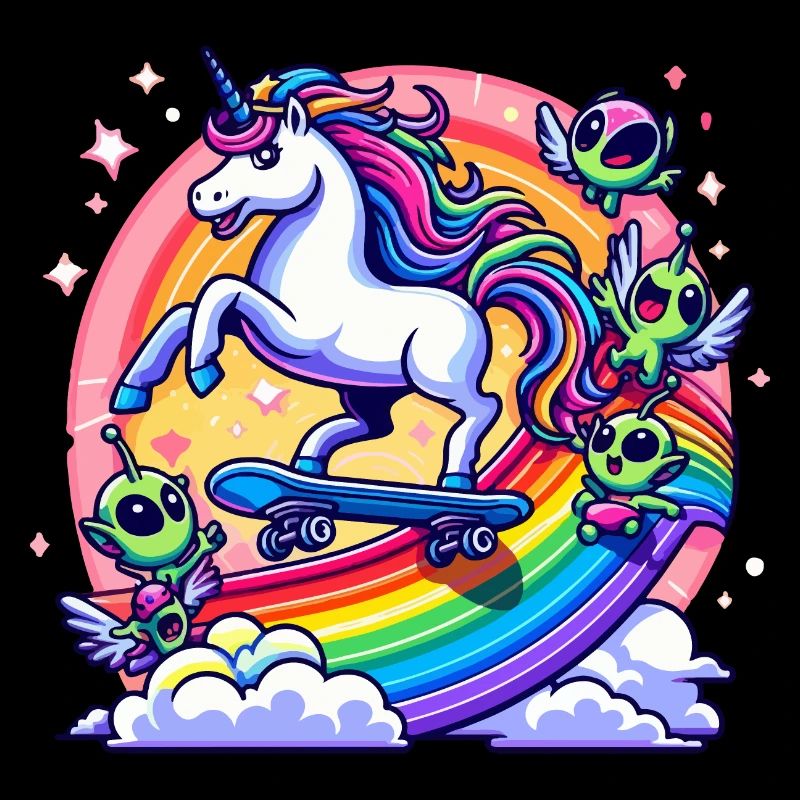 Unicorn on a skateboard on a rainbow with aliens