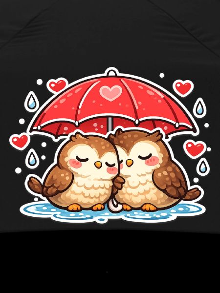 Cuddly owls under red umbrella
