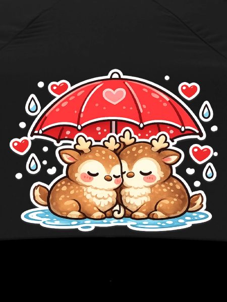 Two deer under umbrella